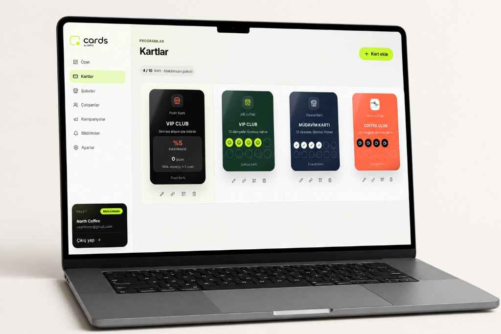 cards by APPQ işletme paneli — Kartlar ekranı
